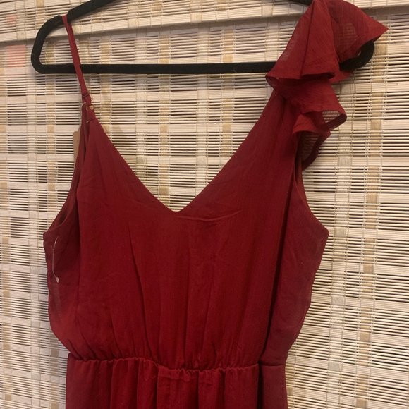MAX + ASH Dress Red Burgundy Maroon Ruffle Flowy Shoulder Cocktail Wedding Midi - Picture 5 of 7
